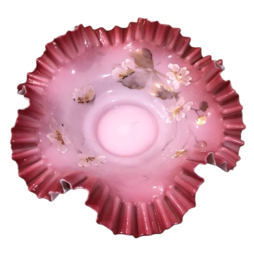 Antique Victorian Hand Painted Pink Ruffled Rim Brides Bowl 10”
